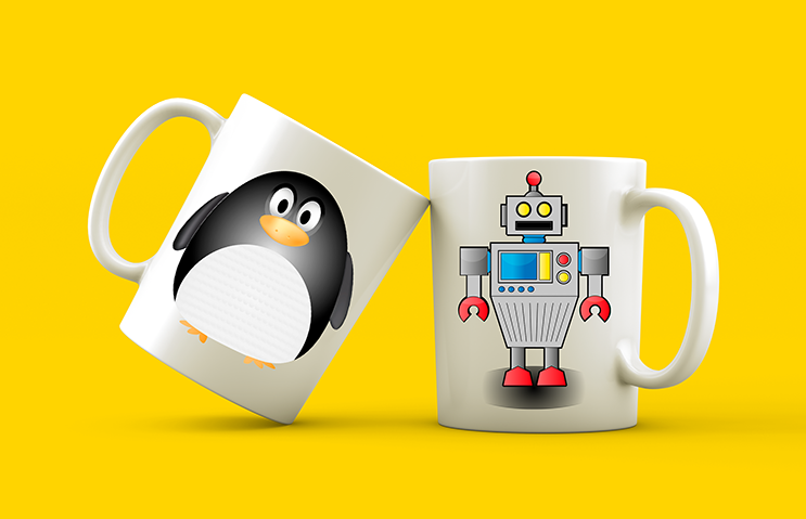 taza robot y pingüino